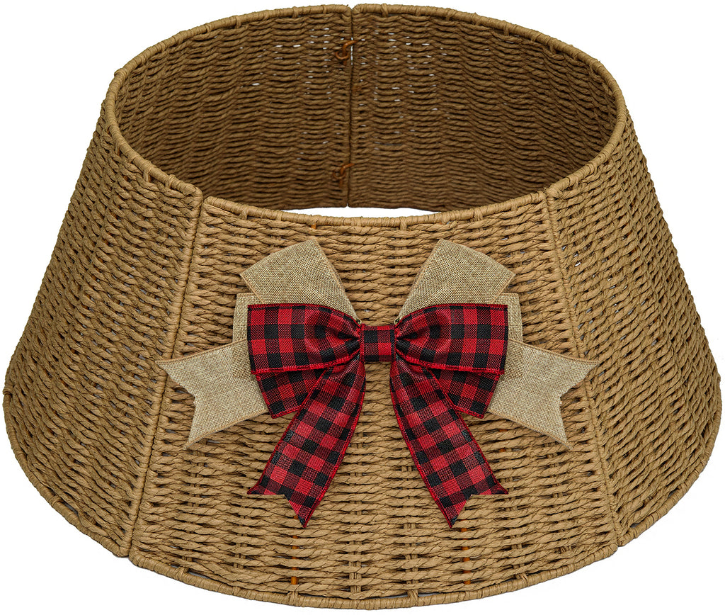 Christmas Tree Collar with Bow Knot, Handwoven Tree Base Cover Tree Skirt Accessory for Home Decor Display, Natural (24 INCH)