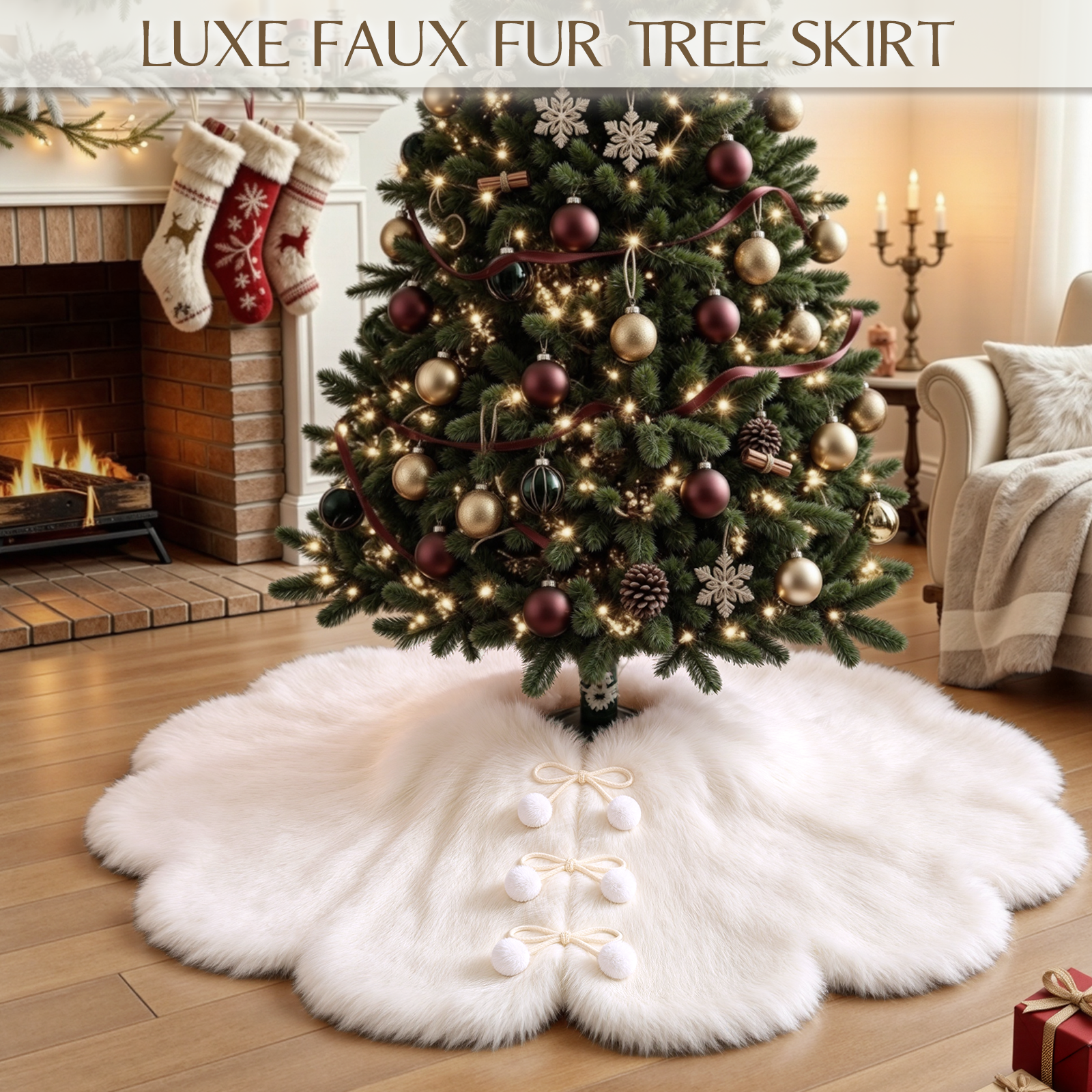 36 Inch Christmas Tree Skirt, White Faux Fur Tree Skirt with Pom-Pom Tie Closure, Elegant Xmas Tree Decorations for Holiday Home Decor
