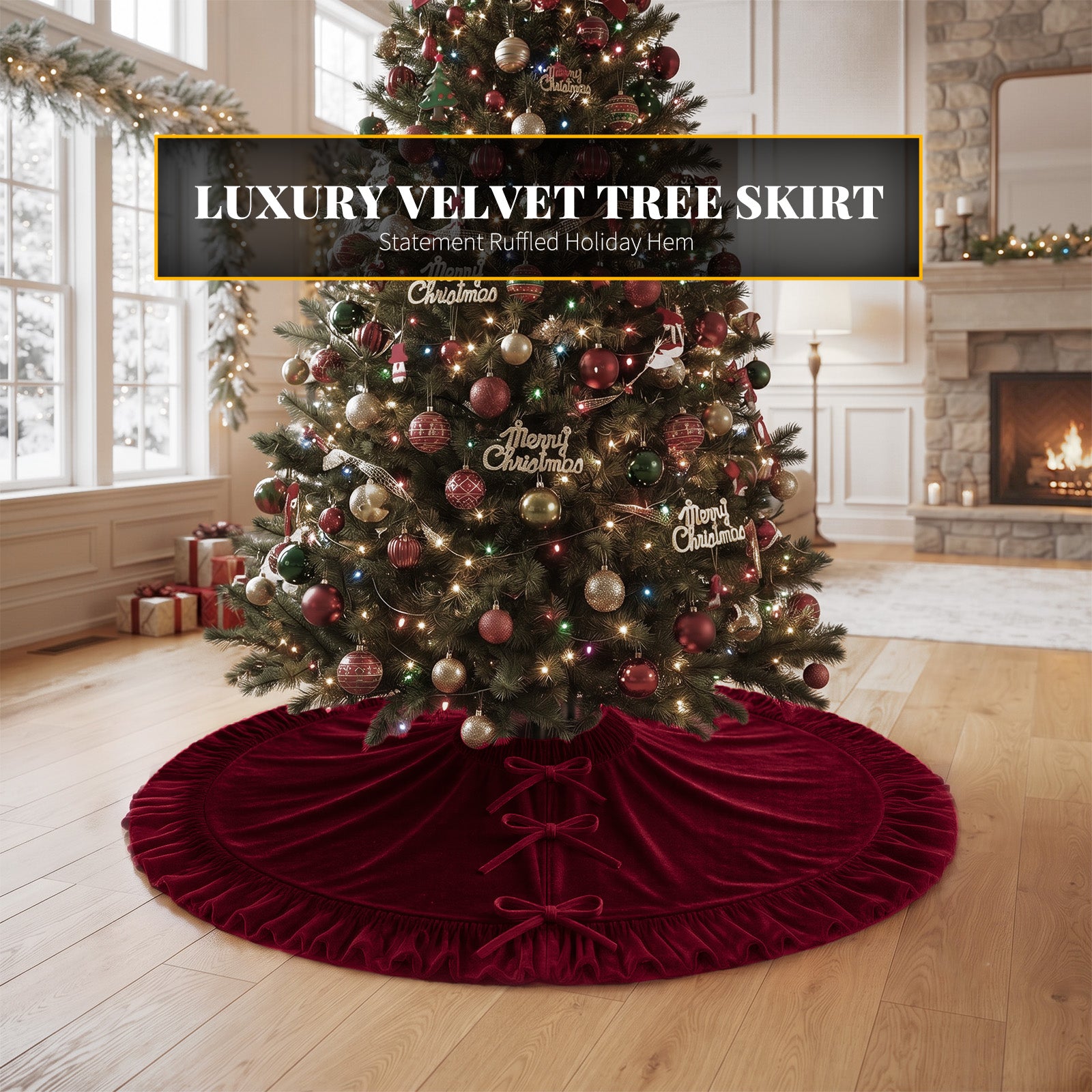 VOXOR Large Christmas Tree Skirt, Velvet Burgundy Tree Skirts with Center Pleats and Plush Tie Closures for Christmas Party Favors Decor