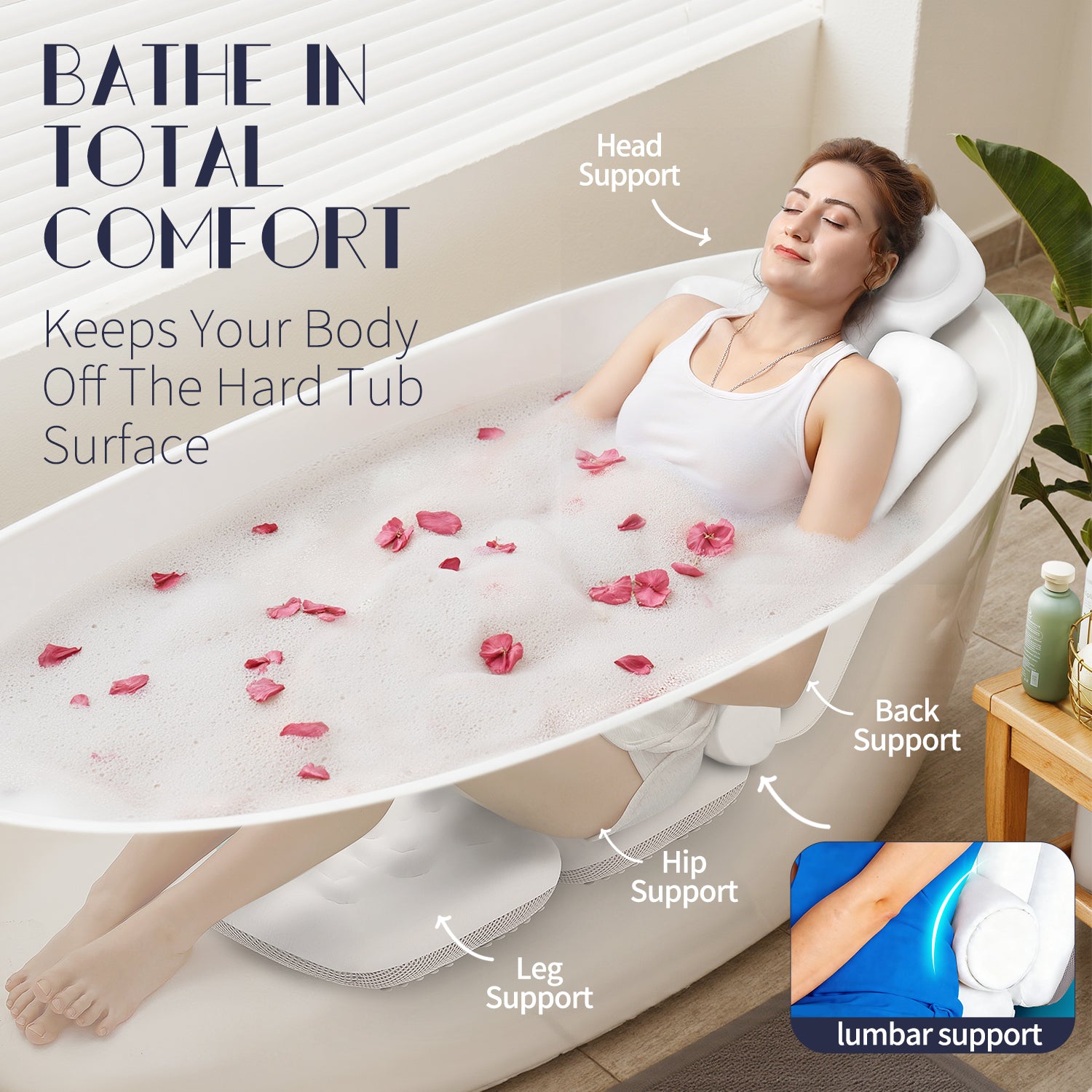 Full Body Bath Pillow for Tub, Thick Bathtub Cushion Mat with Neck, Back & Lumbar Support White