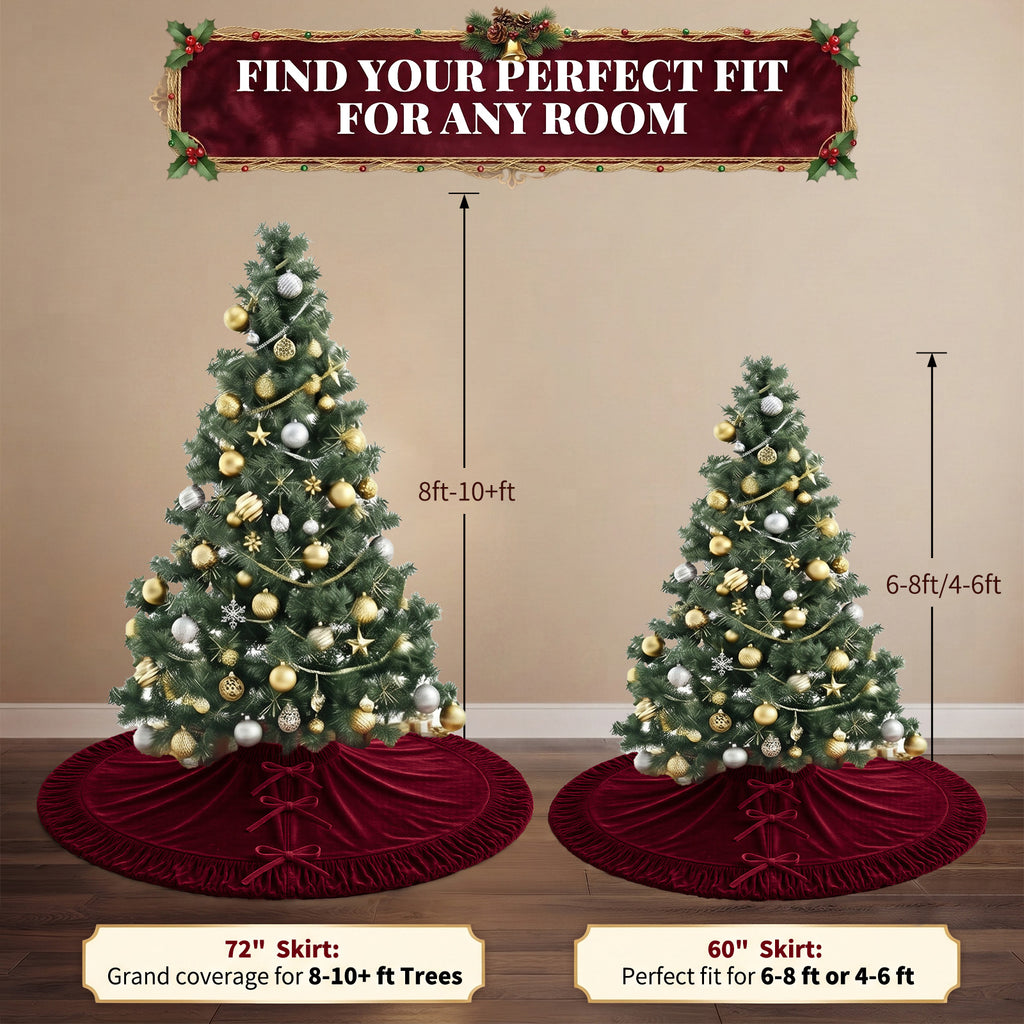 VOXOR Large Christmas Tree Skirt, Velvet Burgundy Tree Skirts with Center Pleats and Plush Tie Closures for Christmas Party Favors Decor
