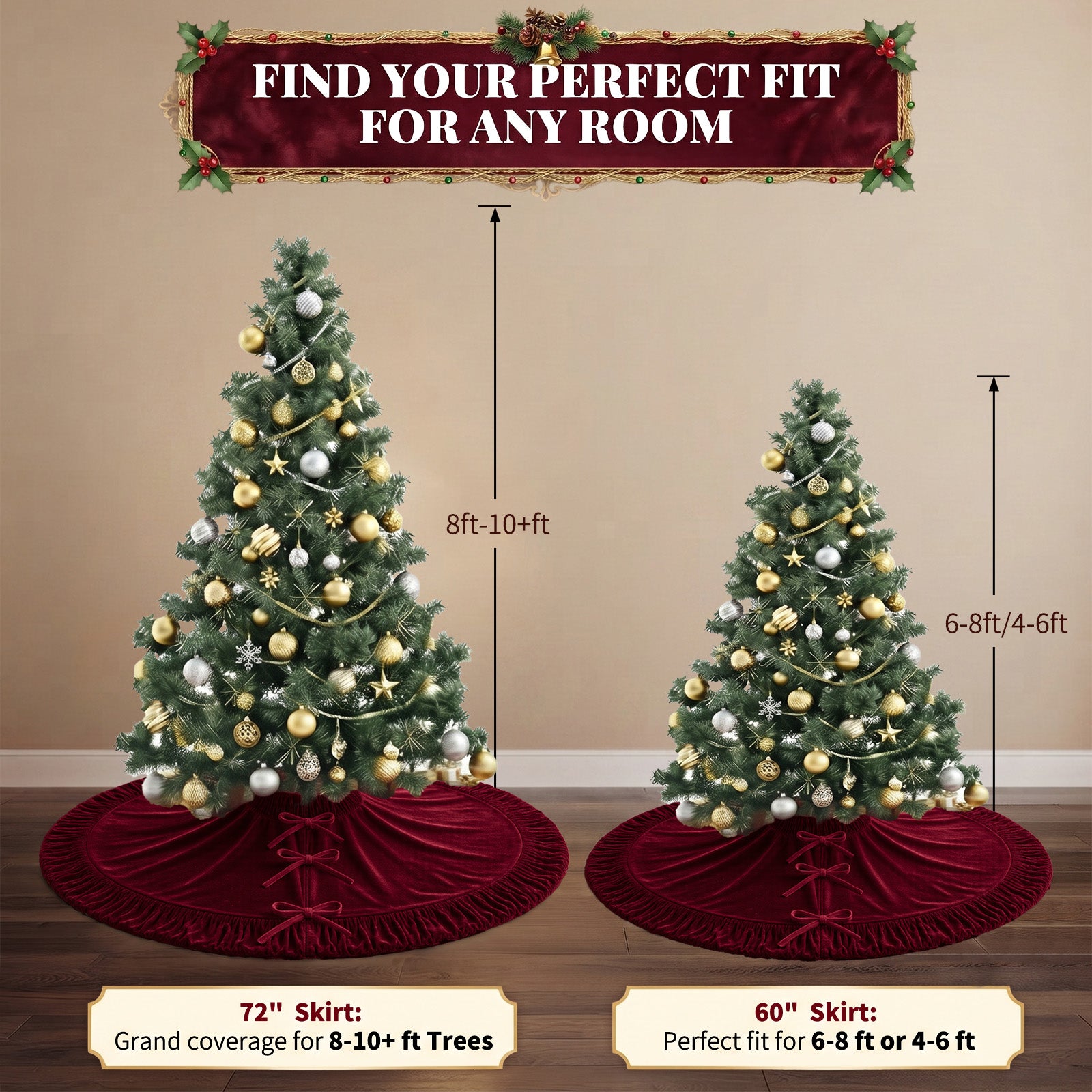 VOXOR Large Christmas Tree Skirt, Velvet Burgundy Tree Skirts with Center Pleats and Plush Tie Closures for Christmas Party Favors Decor