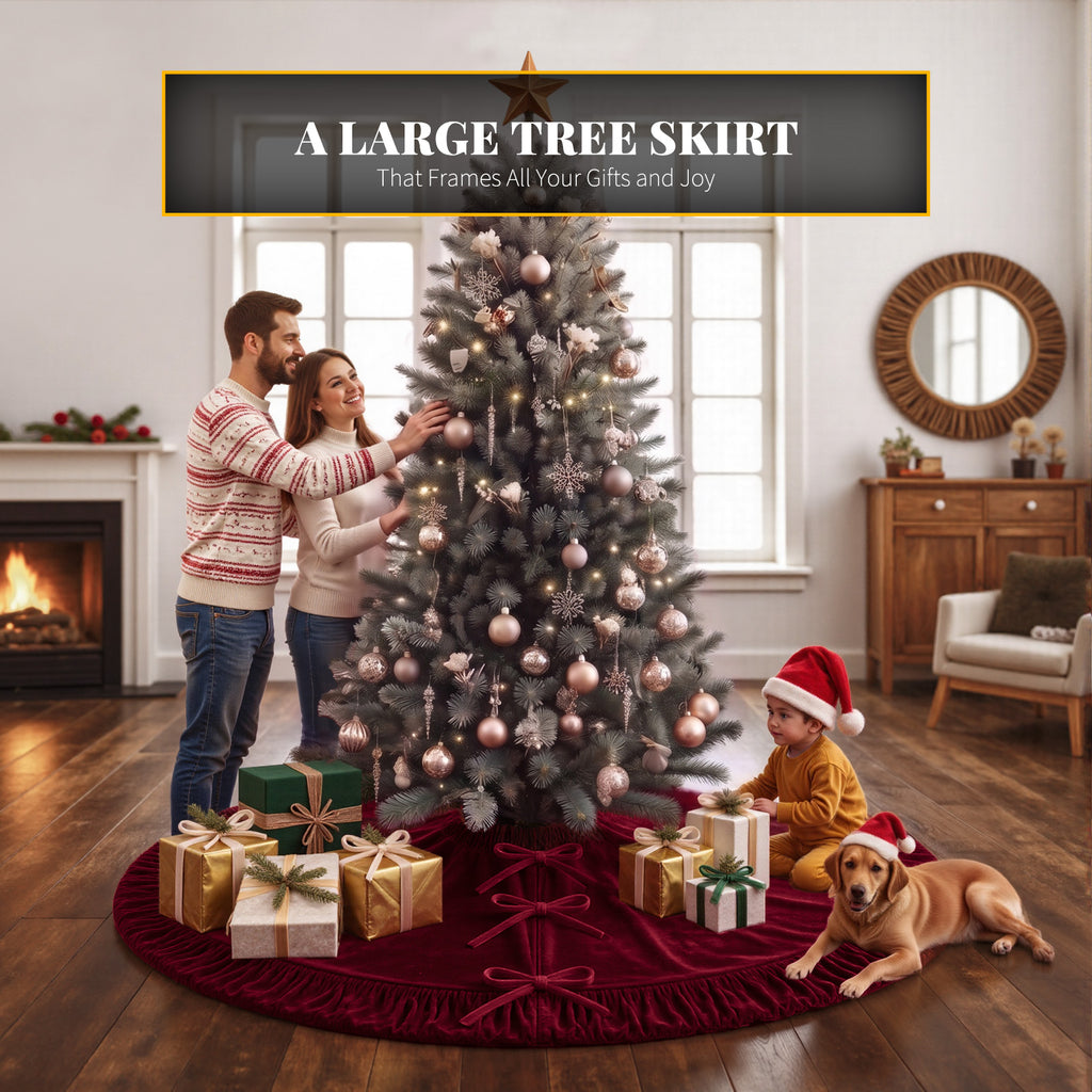 VOXOR Large Christmas Tree Skirt, Velvet Burgundy Tree Skirts with Center Pleats and Plush Tie Closures for Christmas Party Favors Decor