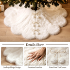 36 Inch Christmas Tree Skirt, White Faux Fur Tree Skirt with Pom-Pom Tie Closure, Elegant Xmas Tree Decorations for Holiday Home Decor