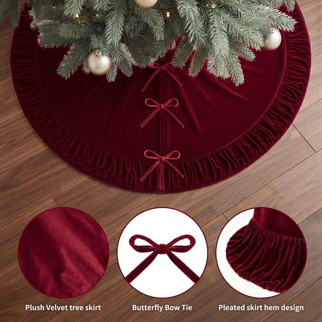 VOXOR Large Christmas Tree Skirt, Velvet Burgundy Tree Skirts with Center Pleats and Plush Tie Closures for Christmas Party Favors Decor