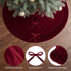 VOXOR Large Christmas Tree Skirt, Velvet Burgundy Tree Skirts with Center Pleats and Plush Tie Closures for Christmas Party Favors Decor