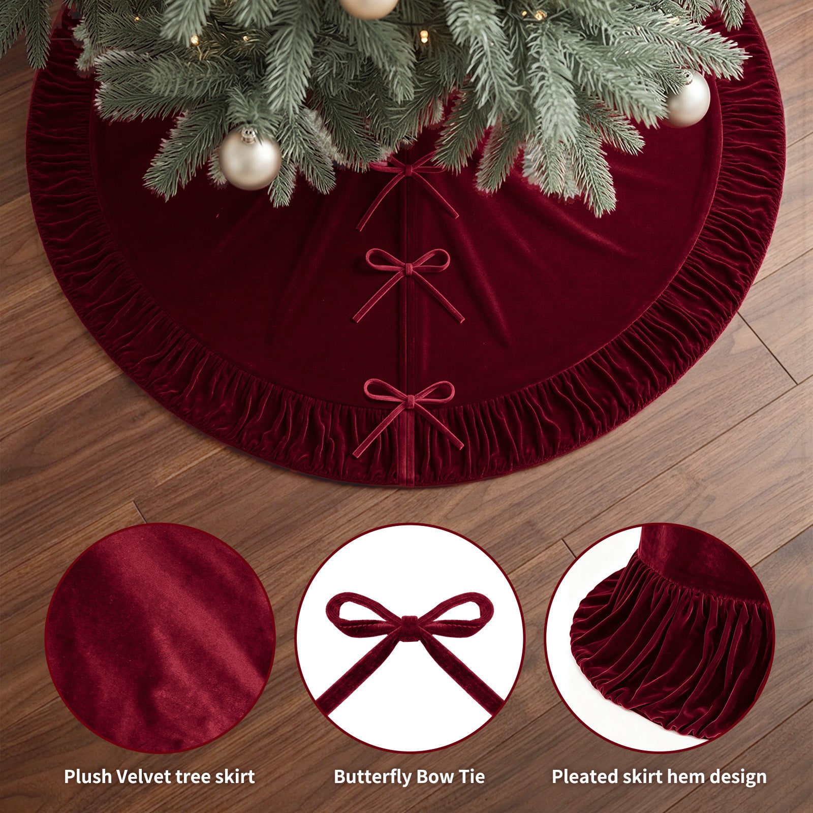 VOXOR Large Christmas Tree Skirt, Velvet Burgundy Tree Skirts with Center Pleats and Plush Tie Closures for Christmas Party Favors Decor