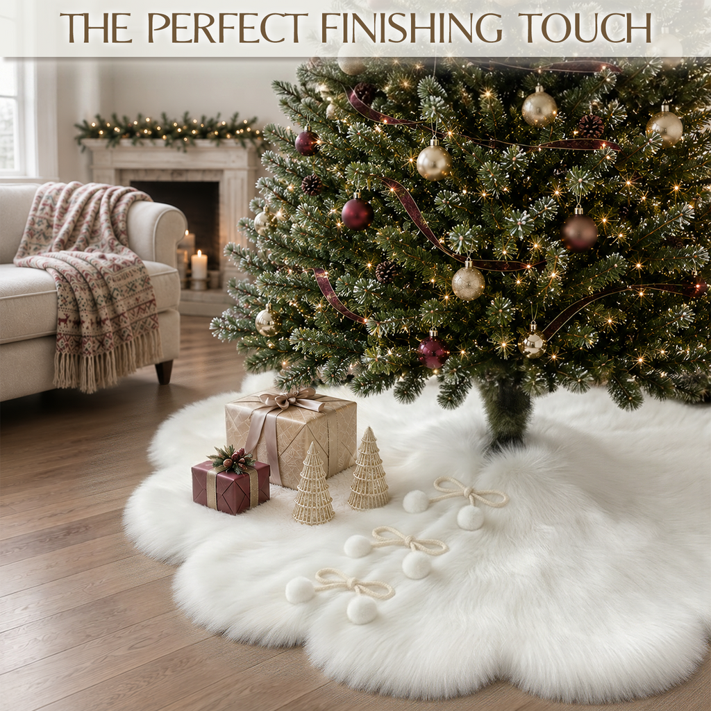 36 Inch Christmas Tree Skirt, White Faux Fur Tree Skirt with Pom-Pom Tie Closure, Elegant Xmas Tree Decorations for Holiday Home Decor