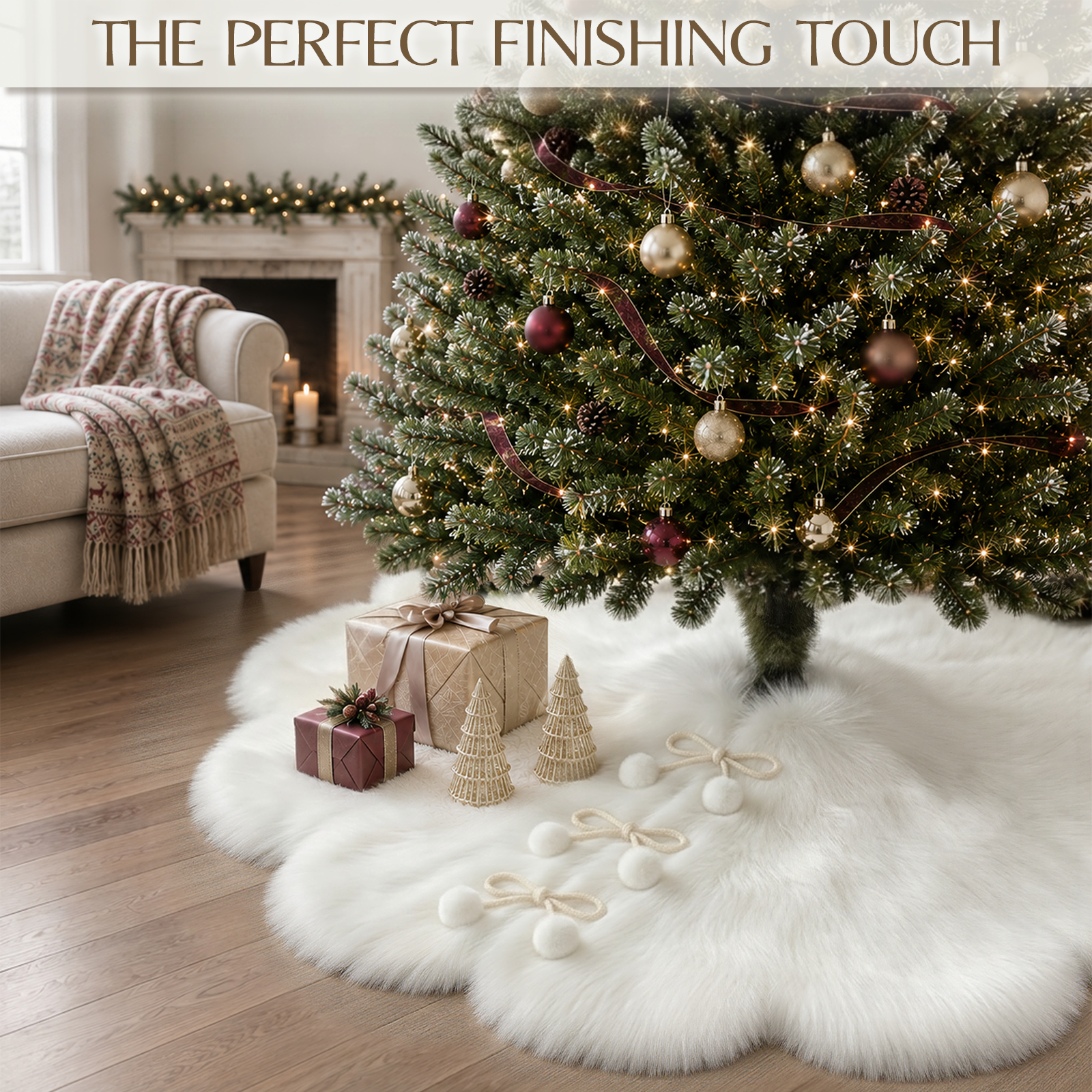 36 Inch Christmas Tree Skirt, White Faux Fur Tree Skirt with Pom-Pom Tie Closure, Elegant Xmas Tree Decorations for Holiday Home Decor
