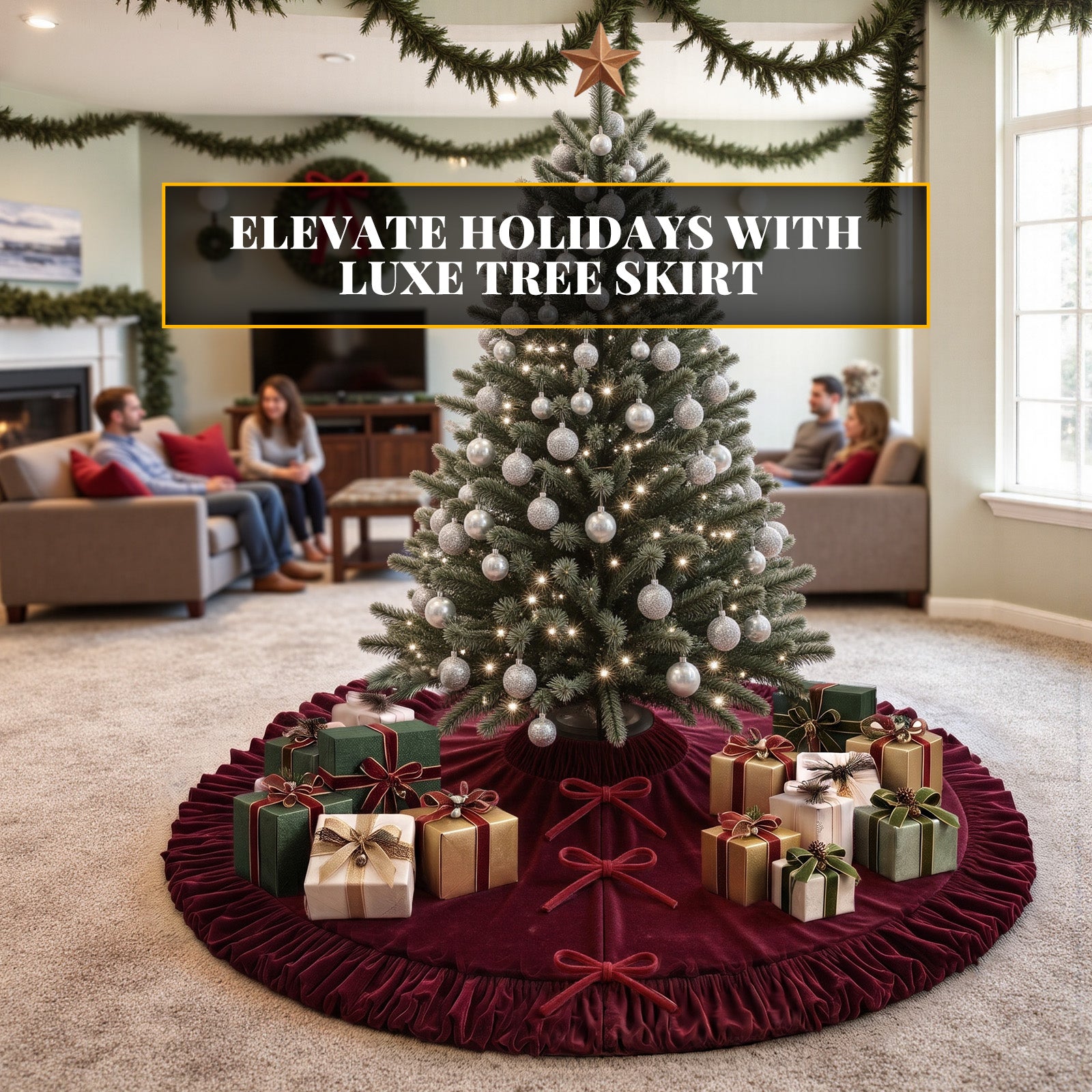VOXOR Large Christmas Tree Skirt, Velvet Burgundy Tree Skirts with Center Pleats and Plush Tie Closures for Christmas Party Favors Decor