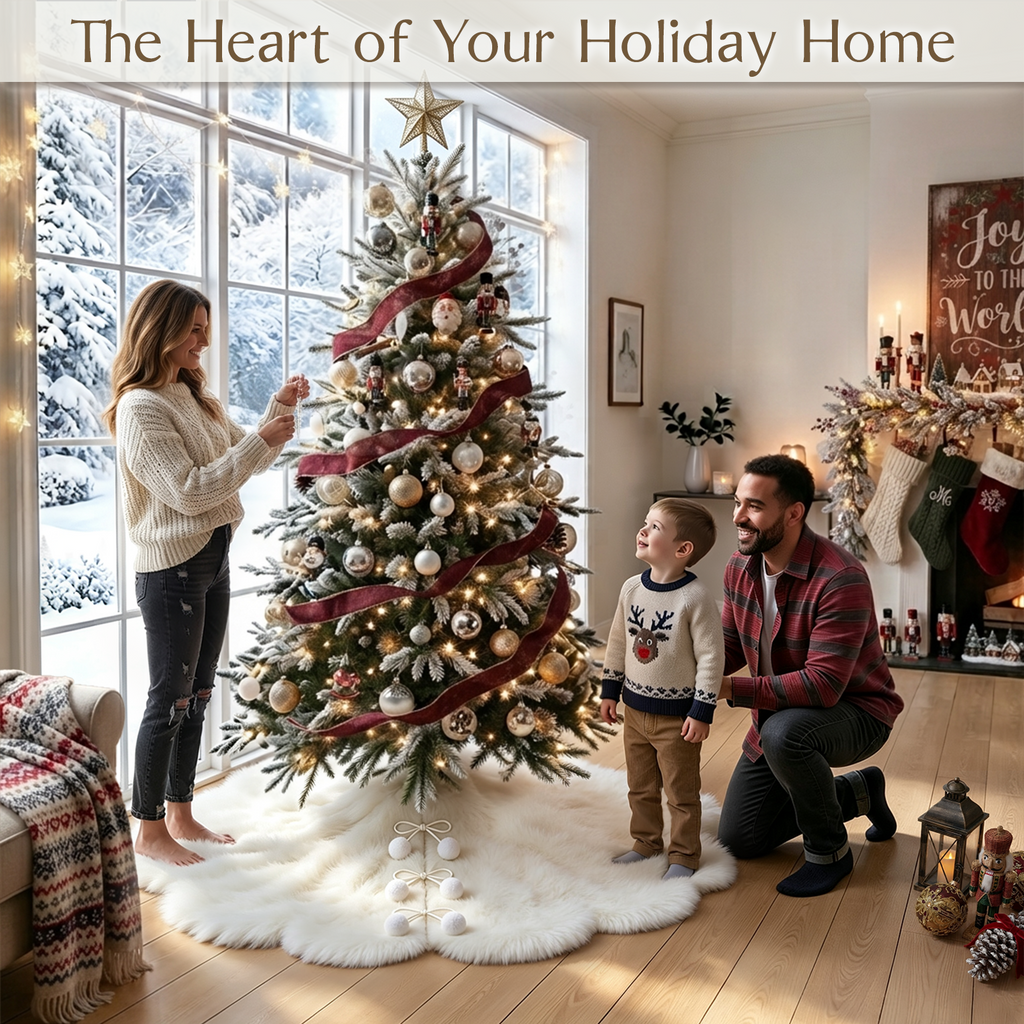 36 Inch Christmas Tree Skirt, White Faux Fur Tree Skirt with Pom-Pom Tie Closure, Elegant Xmas Tree Decorations for Holiday Home Decor