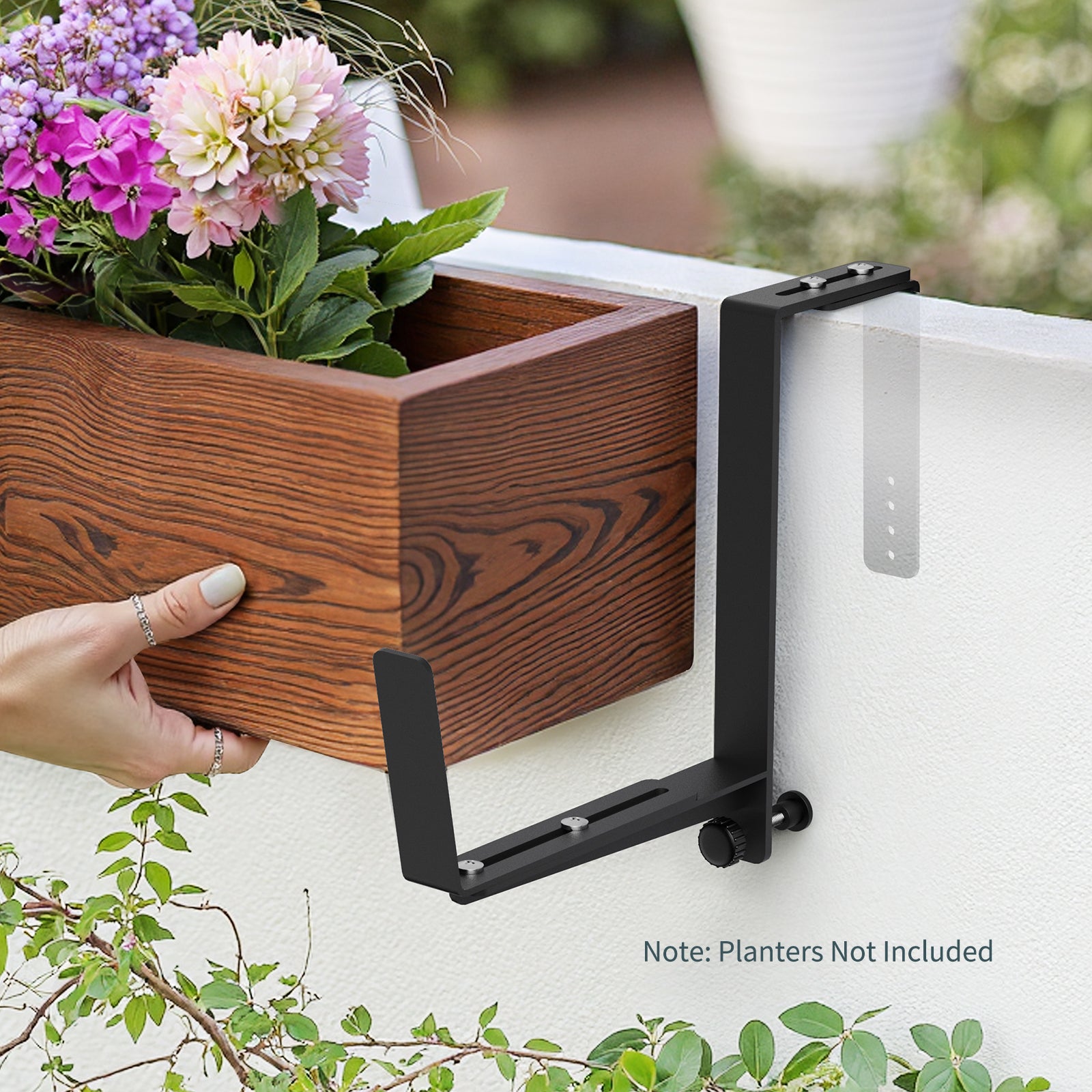 Window Box Brackets, Adjustable Planter Box Brackets, Heavy Duty Iron Flower Box Brackets for Railings, with Enhanced Bottom Support - Perfect for Balconies, Fences, and Gardens (Black, 2 Pack)