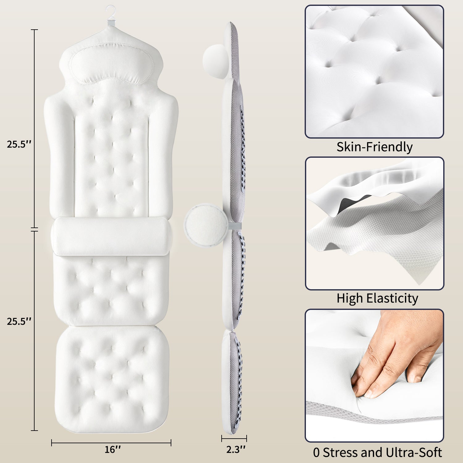 Full Body Bath Pillow for Tub, Thick Bathtub Cushion Mat with Neck, Back & Lumbar Support White
