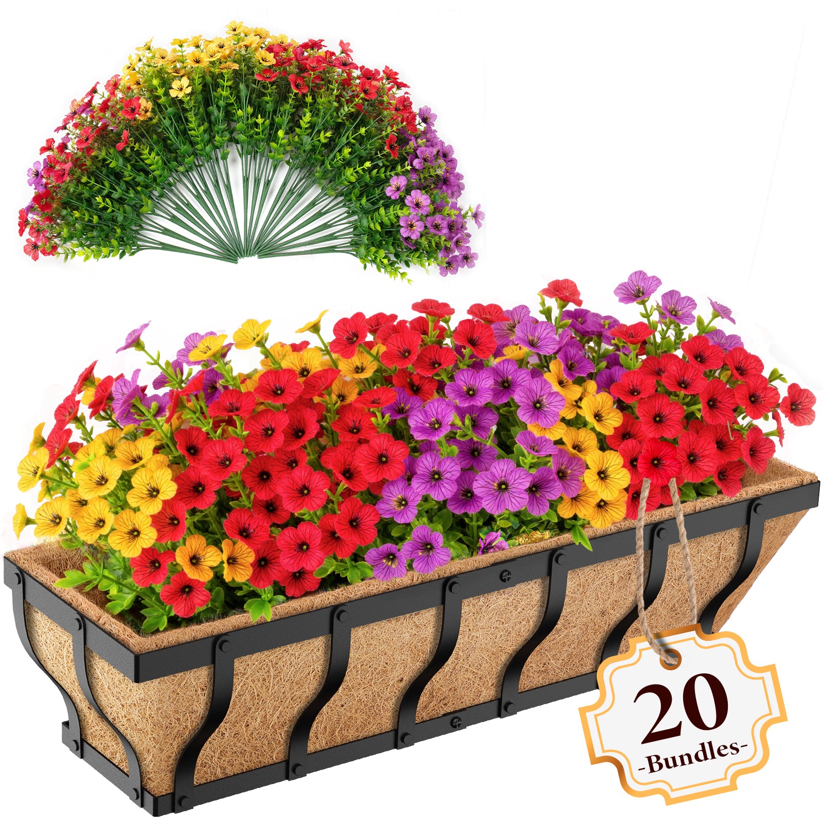 VOXOR Railing Planter Boxes with Artificial Flowers, Adjustable Balcony Planters for Railing Hanging, UV Sun Resistant Colorful Daisy for Porch Patio Balcony Home (1 Pack, 24 Inch) Main image