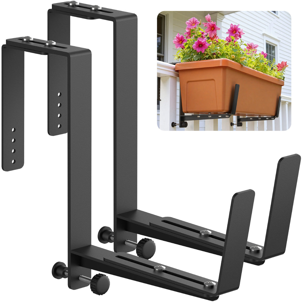 Window Box Brackets, Adjustable Planter Box Brackets, Heavy Duty Iron Flower Box Brackets for Railings, with Enhanced Bottom Support - Perfect for Balconies, Fences, and Gardens (Black, 2 Pack)