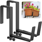 Window Box Brackets, Adjustable Planter Box Brackets, Heavy Duty Iron Flower Box Brackets for Railings, with Enhanced Bottom Support - Perfect for Balconies, Fences, and Gardens (Black, 2 Pack)