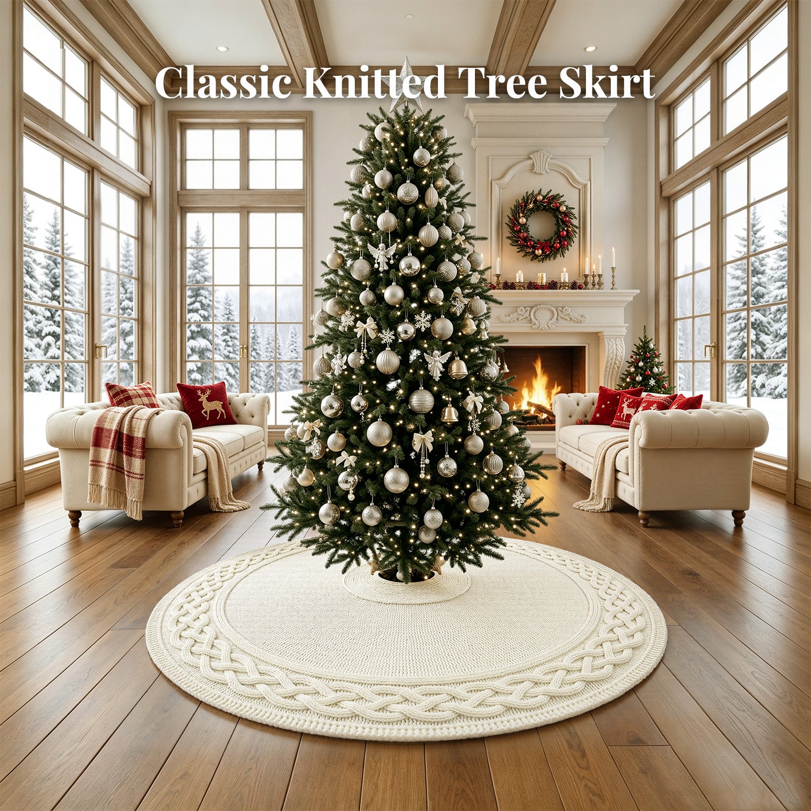 48 Inch Christmas Tree Skirt, Knit Tree Skirts,Tree Skirt for Winter Christmas Holiday Party Decoration, White