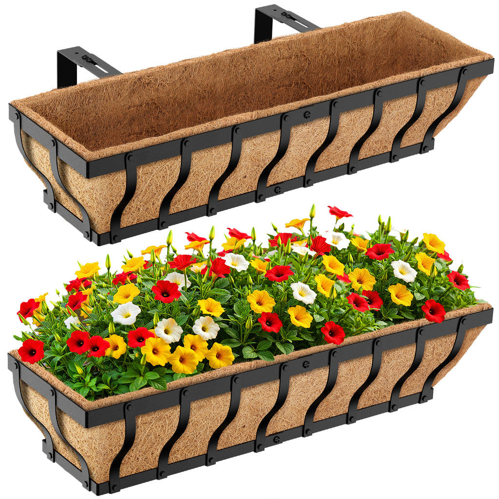 VOXOR Railing Planter Boxes, Heavy Duty Window Box Planters, Adjustable Balcony Planters for Railing Hanging, with Coco Liner & Support Rod for Deck, Porch, and Patio Gardening (2 Pack, 24 Inch)