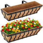 VOXOR Railing Planter Boxes, Heavy Duty Window Box Planters, Adjustable Balcony Planters for Railing Hanging, with Coco Liner & Support Rod for Deck, Porch, and Patio Gardening (2 Pack, 24 Inch)