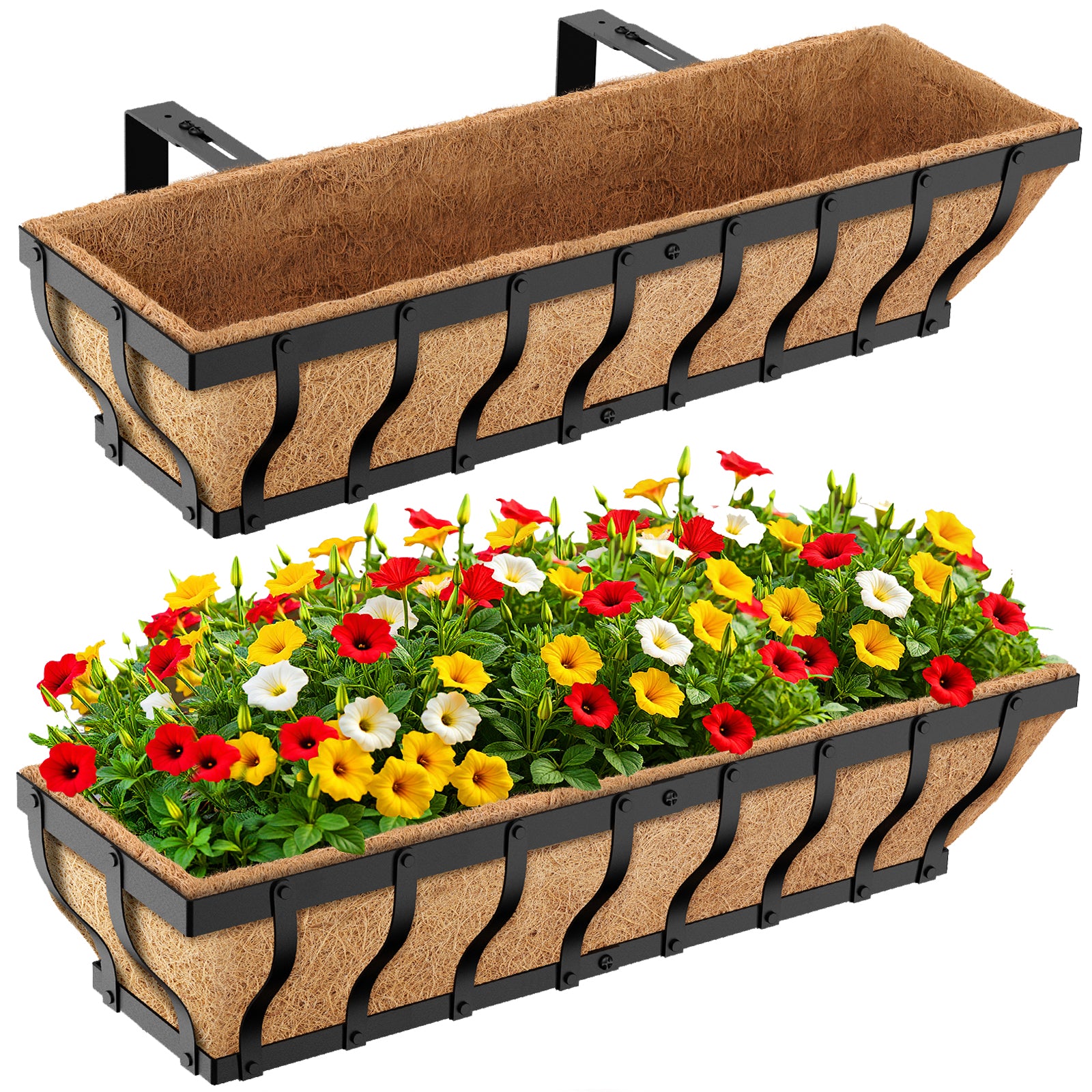 VOXOR Railing Planter Boxes, Heavy Duty Window Box Planters, Adjustable Balcony Planters for Railing Hanging, with Coco Liner & Support Rod for Deck, Porch, and Patio Gardening (2 Pack, 24 Inch)
