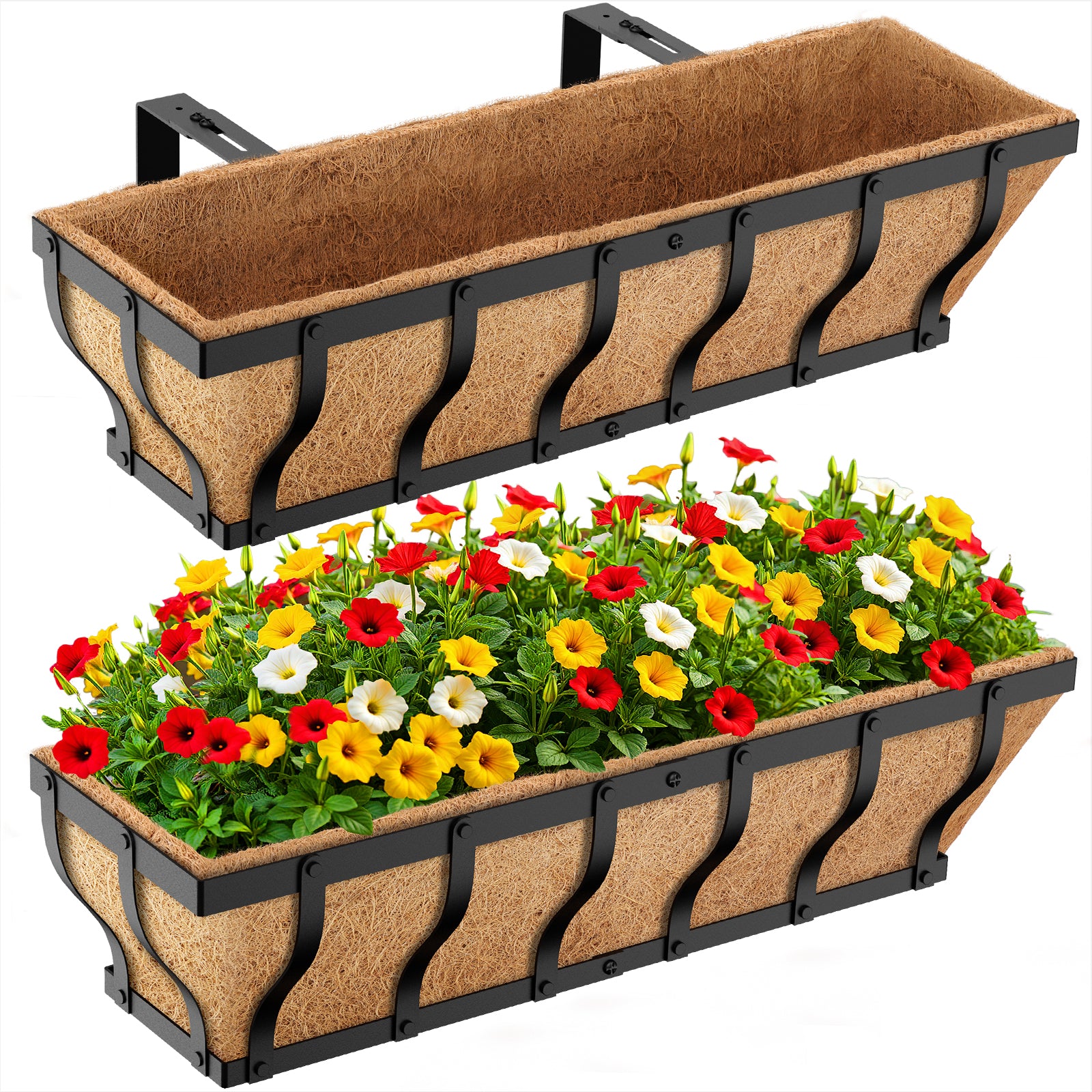 VOXOR Railing Planter Boxes, Heavy Duty Window Box Planters, Adjustable Balcony Planters for Railing Hanging, with Coco Liner & Support Rod for Deck, Porch, and Patio Gardening (2 Pack, 24 Inch) Main image