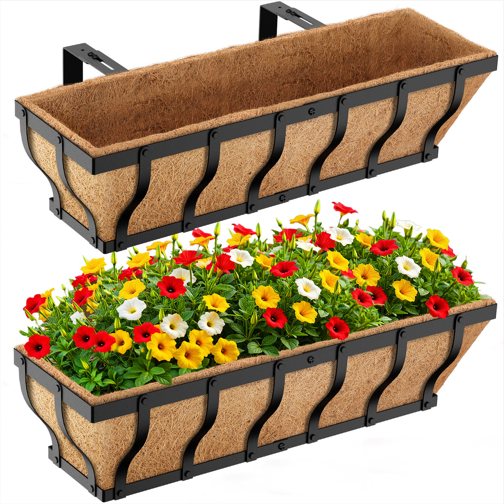 VOXOR Railing Planter Boxes, Heavy Duty Window Box Planters, Adjustable Balcony Planters for Railing Hanging, with Coco Liner & Support Rod for Deck, Porch, and Patio Gardening (2 Pack, 24 Inch)
