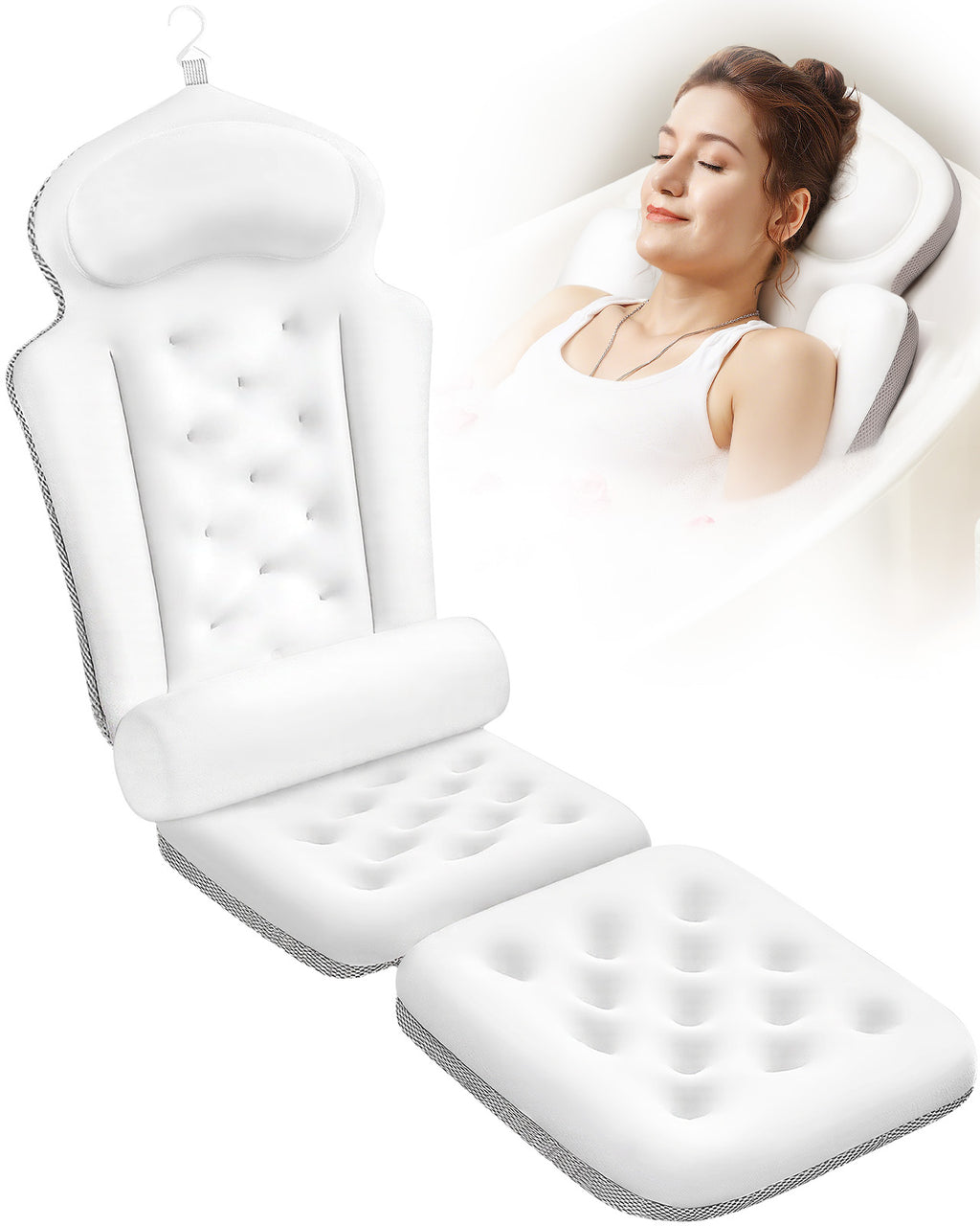 Full Body Bath Pillow for Tub, Thick Bathtub Cushion Mat with Neck, Back & Lumbar Support White