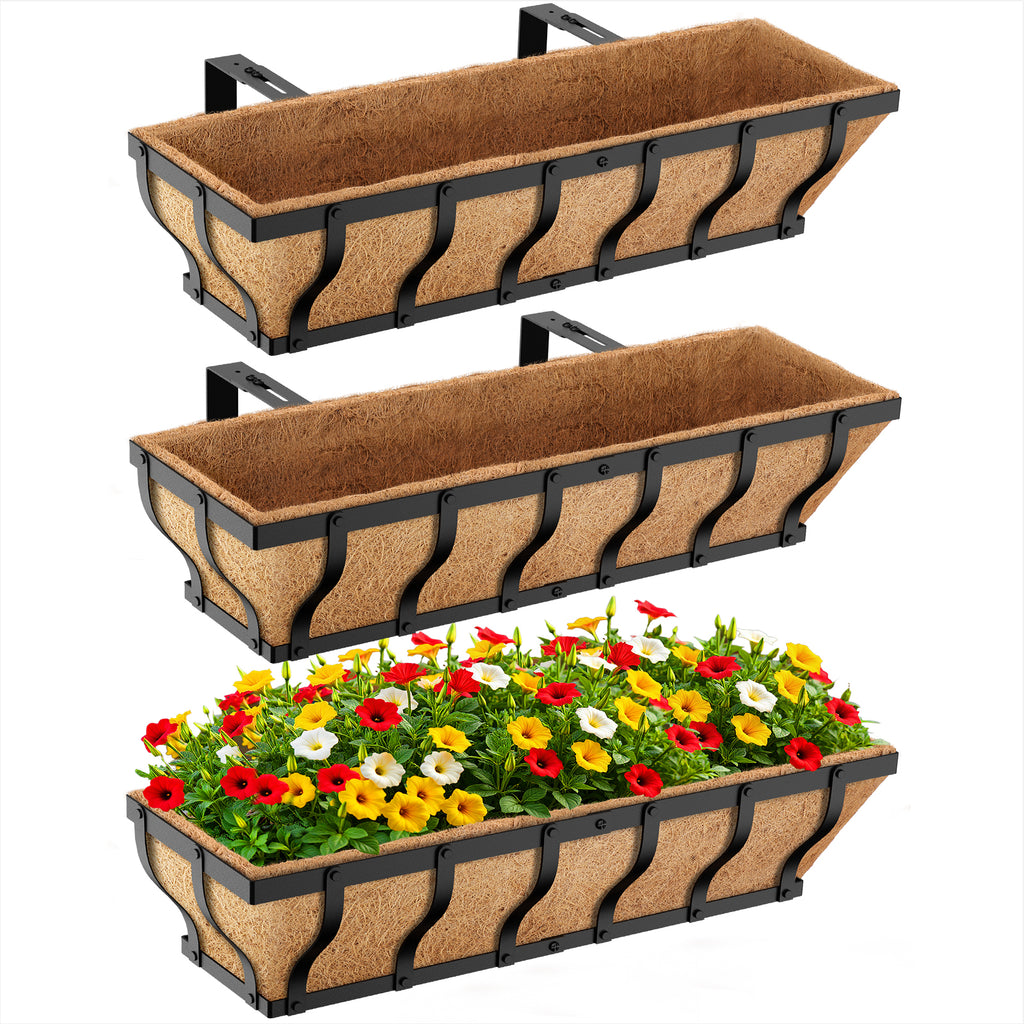 VOXOR Railing Planter Boxes, Heavy Duty Window Box Planters, Adjustable Balcony Planters for Railing Hanging, with Coco Liner & Support Rod for Deck, Porch, and Patio Gardening (2 Pack, 24 Inch)