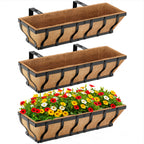 VOXOR Railing Planter Boxes, Heavy Duty Window Box Planters, Adjustable Balcony Planters for Railing Hanging, with Coco Liner & Support Rod for Deck, Porch, and Patio Gardening (2 Pack, 24 Inch)