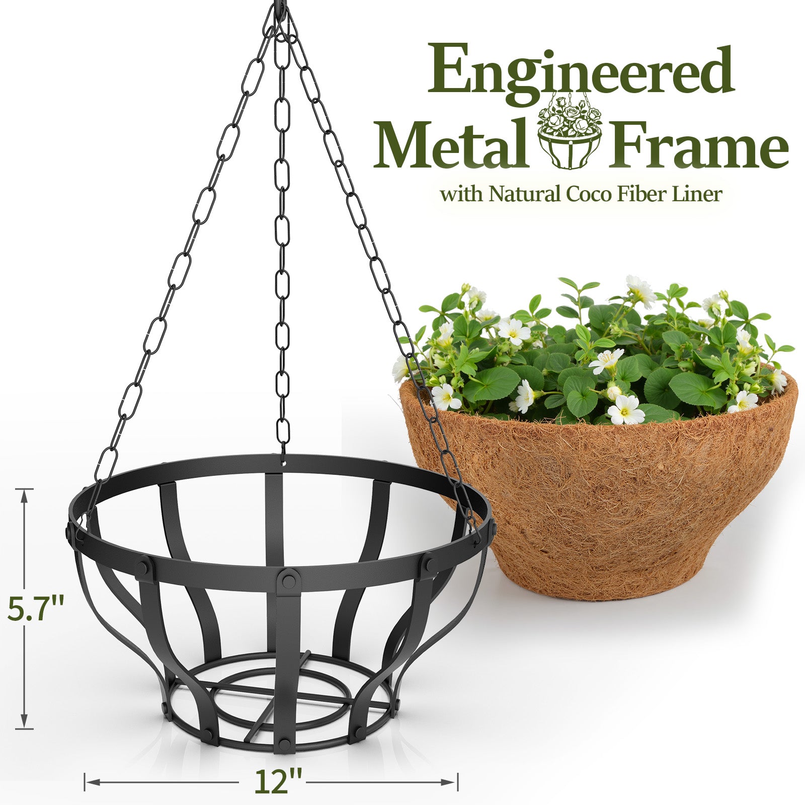 VOXOR Metal Hanging Baskets for Plants, Heavy Duty Wrought Iron Hanging Baskets with Coco Liner & Reinforced Chain, Ideal for Garden, Patio & Porch Decoration (2 Pack, 12 Inch)