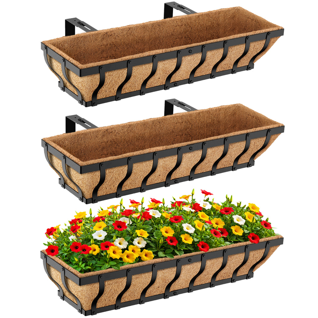 VOXOR Railing Planter Boxes, Heavy Duty Window Box Planters, Adjustable Balcony Planters for Railing Hanging, with Coco Liner & Support Rod for Deck, Porch, and Patio Gardening (2 Pack, 24 Inch)