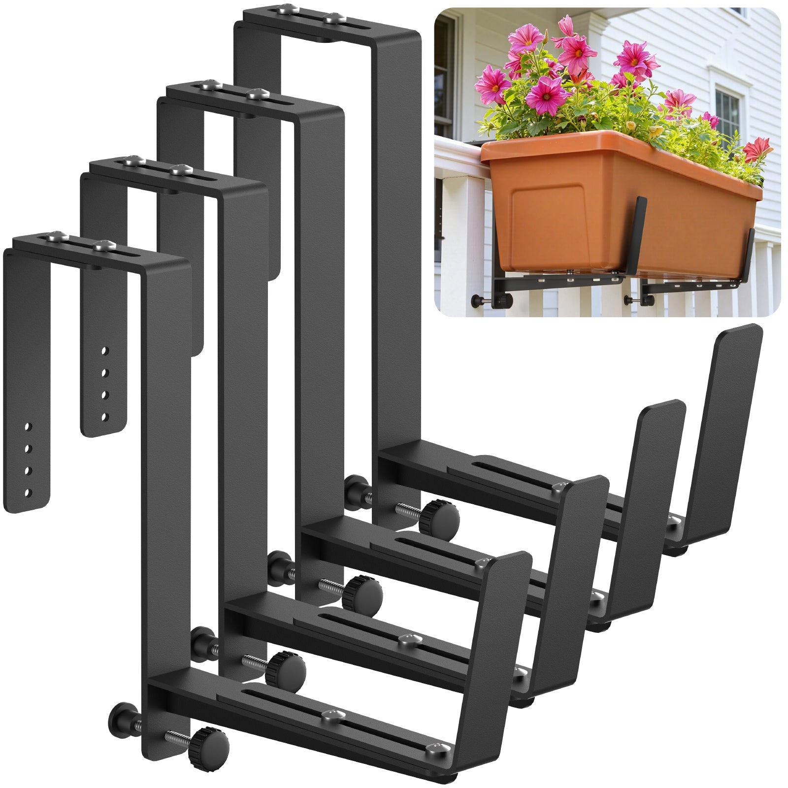 Window Box Brackets, Adjustable Planter Box Brackets, Heavy Duty Iron Flower Box Brackets for Railings, with Enhanced Bottom Support - Perfect for Balconies, Fences, and Gardens (Black, 2 Pack)