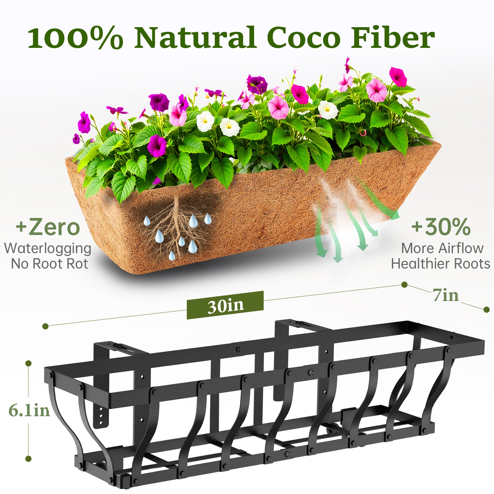 VOXOR Railing Planter Boxes, Heavy Duty Window Box Planters, Adjustable Balcony Planters for Railing Hanging, with Coco Liner & Support Rod for Deck, Porch, and Patio Gardening (2 Pack, 24 Inch)