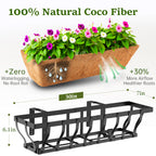 VOXOR Railing Planter Boxes, Heavy Duty Window Box Planters, Adjustable Balcony Planters for Railing Hanging, with Coco Liner & Support Rod for Deck, Porch, and Patio Gardening (2 Pack, 24 Inch)