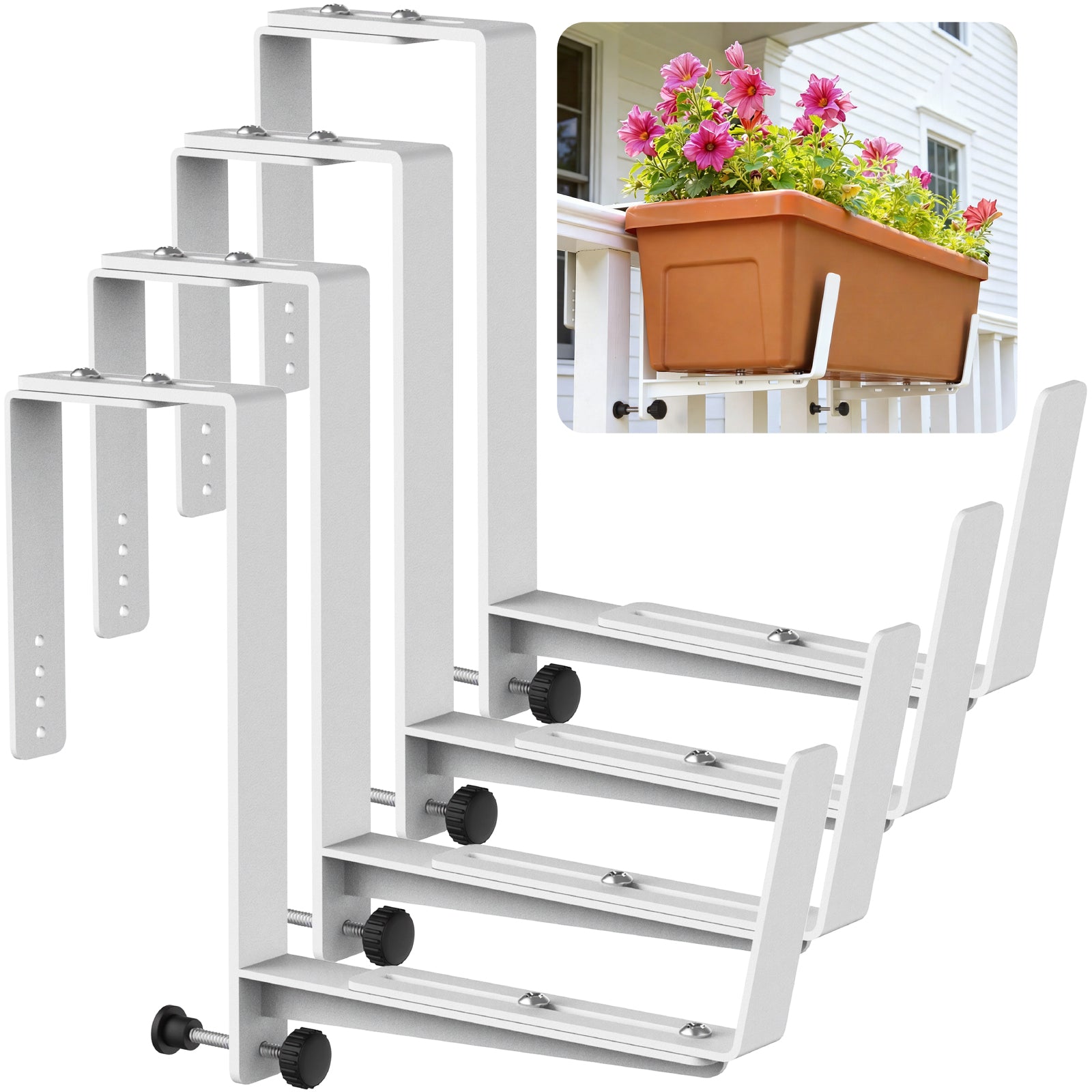 Window Box Brackets, Adjustable Planter Box Brackets, Heavy Duty Iron Flower Box Brackets for Railings, with Enhanced Bottom Support - Perfect for Balconies, Fences, and Gardens (Black, 2 Pack)