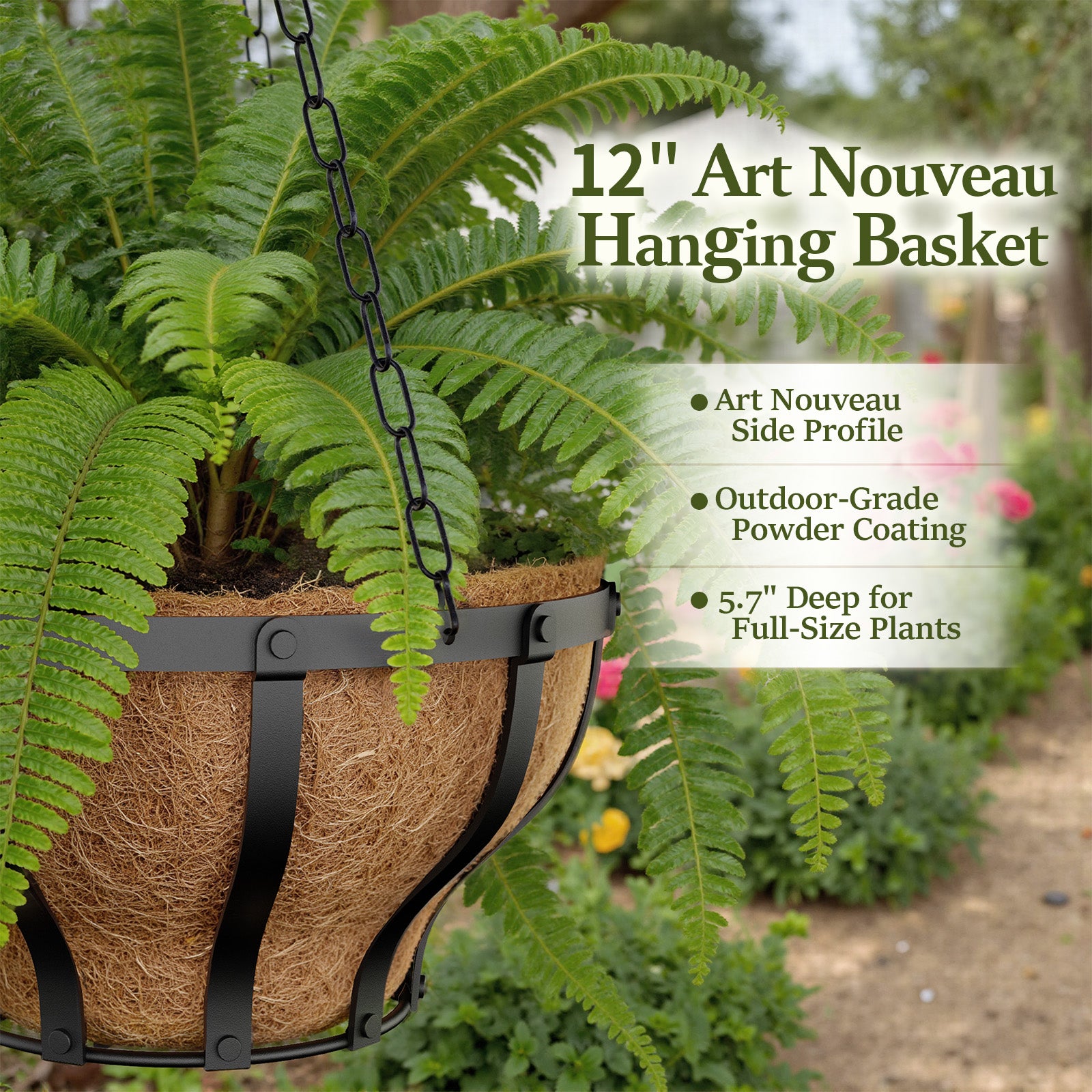 VOXOR Metal Hanging Baskets for Plants, Heavy Duty Wrought Iron Hanging Baskets with Coco Liner & Reinforced Chain, Ideal for Garden, Patio & Porch Decoration (2 Pack, 12 Inch)