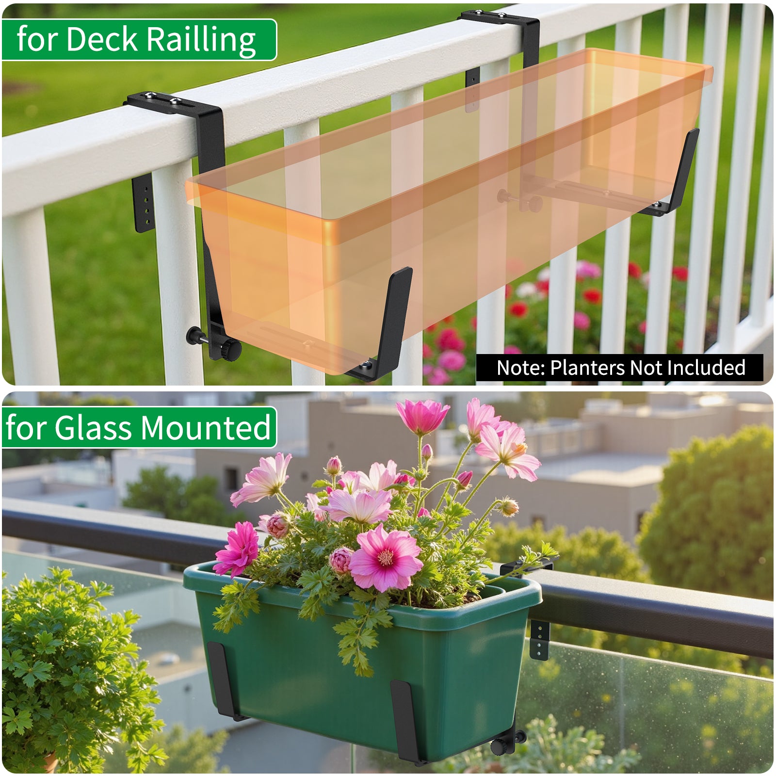 Window Box Brackets, Adjustable Planter Box Brackets, Heavy Duty Iron Flower Box Brackets for Railings, with Enhanced Bottom Support - Perfect for Balconies, Fences, and Gardens (Black, 2 Pack)