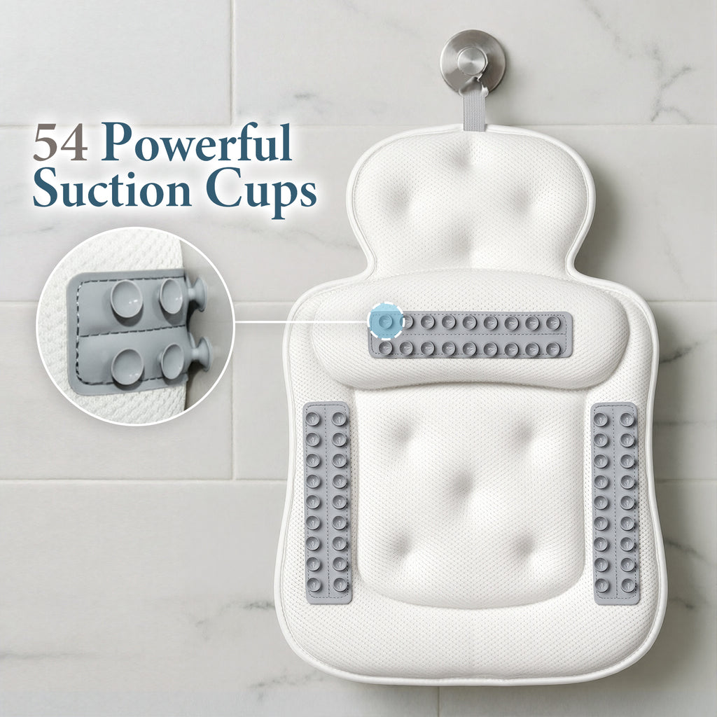 Bath Pillows for Tub, Comfortable Bathtub Cushion for Head and Neck with Soft 3D Mesh Fabric and 54 Non-Slip Suction Cups