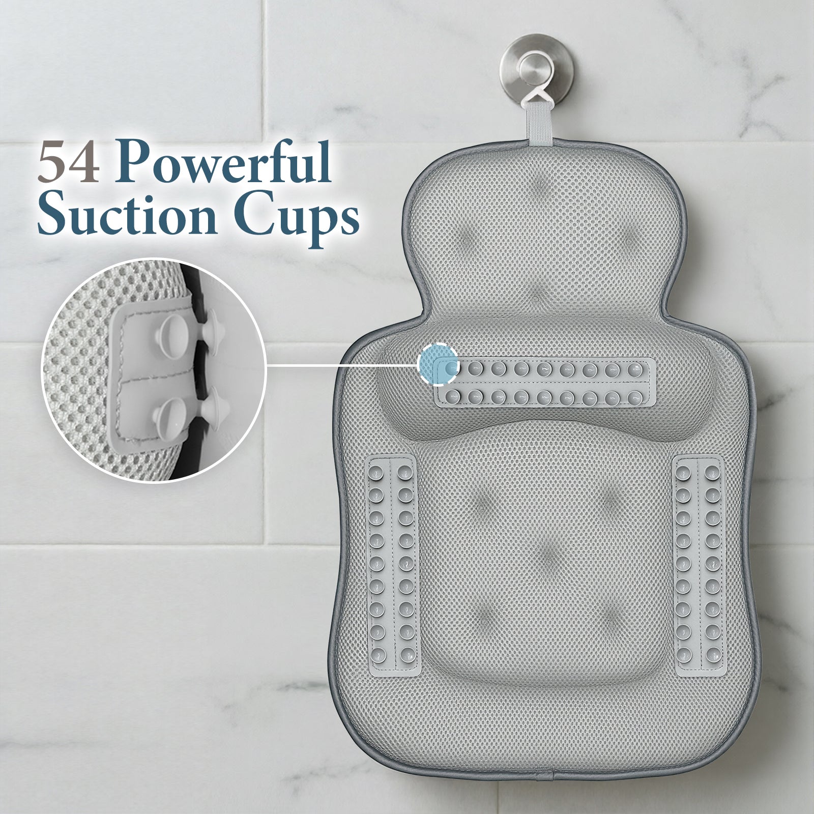 Bath Pillows for Tub, Comfortable Bathtub Cushion for Head and Neck with Soft 3D Mesh Fabric and 54 Non-Slip Suction Cups