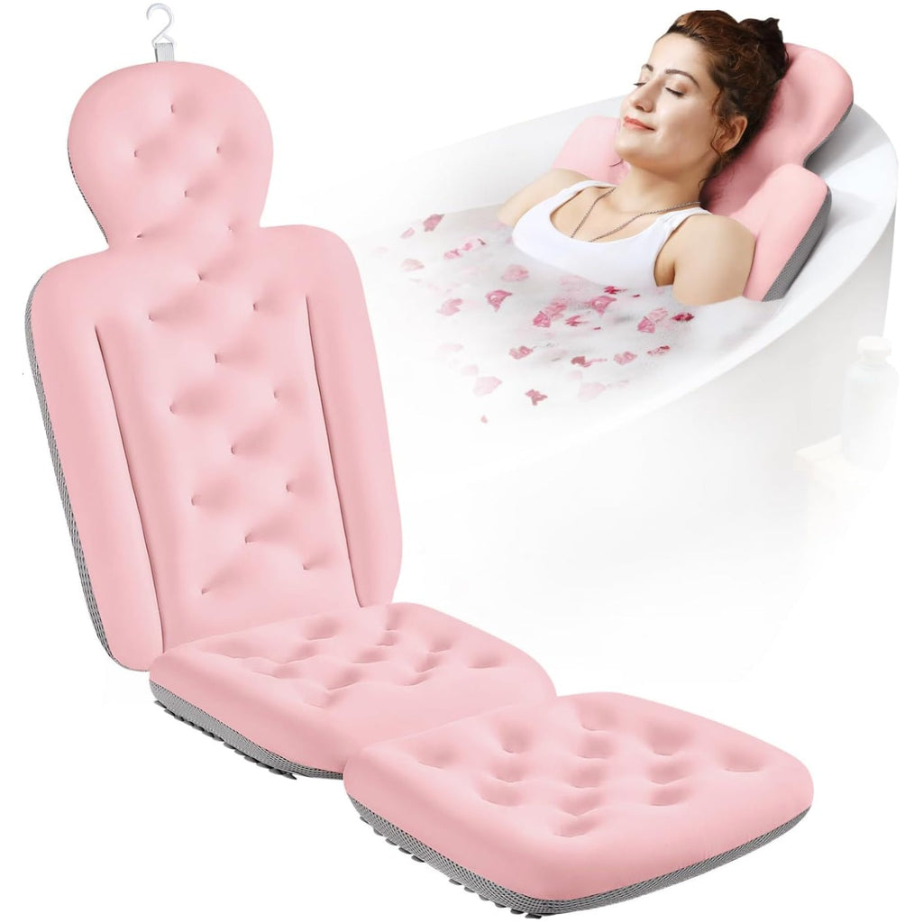 Pink inflatable bathtub seat with a woman relaxing inside, surrounded by cherry blossom petals.