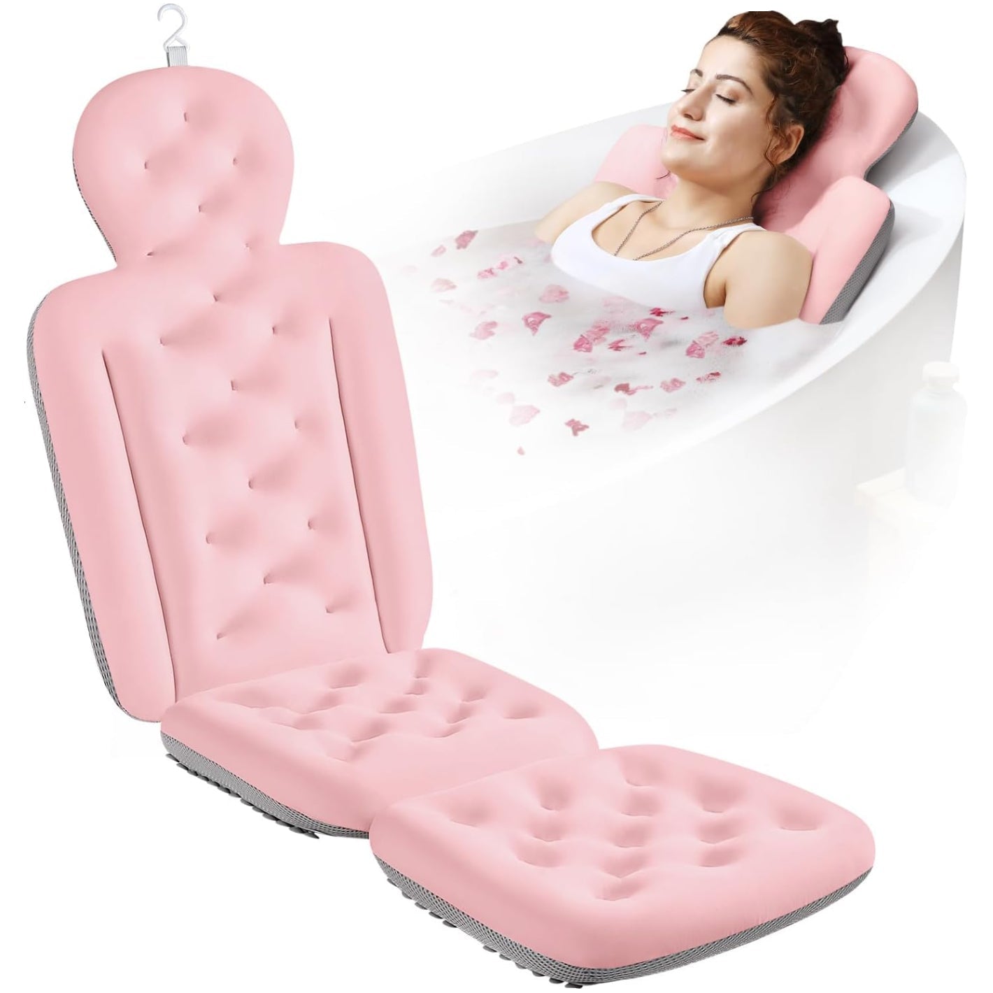 Pink inflatable bathtub seat with a woman relaxing inside, surrounded by cherry blossom petals.