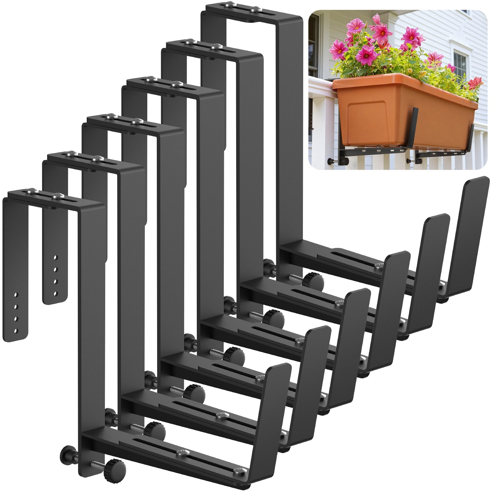 Window Box Brackets, Adjustable Planter Box Brackets, Heavy Duty Iron Flower Box Brackets for Railings, with Enhanced Bottom Support - Perfect for Balconies, Fences, and Gardens (Black, 2 Pack)