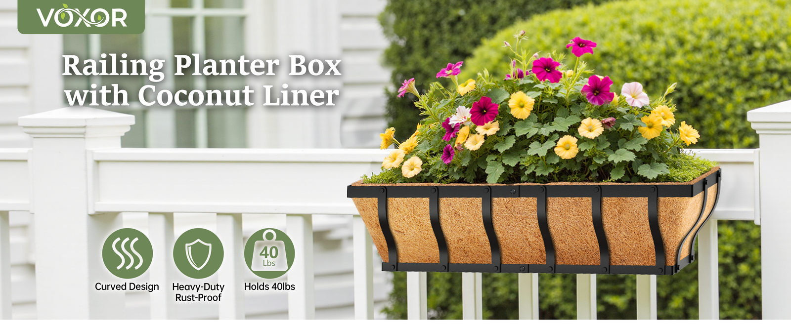 VOXOR Railing Planter Boxes, Heavy Duty Window Box Planters, Adjustable Balcony Planters for Railing Hanging, with Coco Liner & Support Rod for Deck, Porch, and Patio Gardening (2 Pack, 24 Inch)