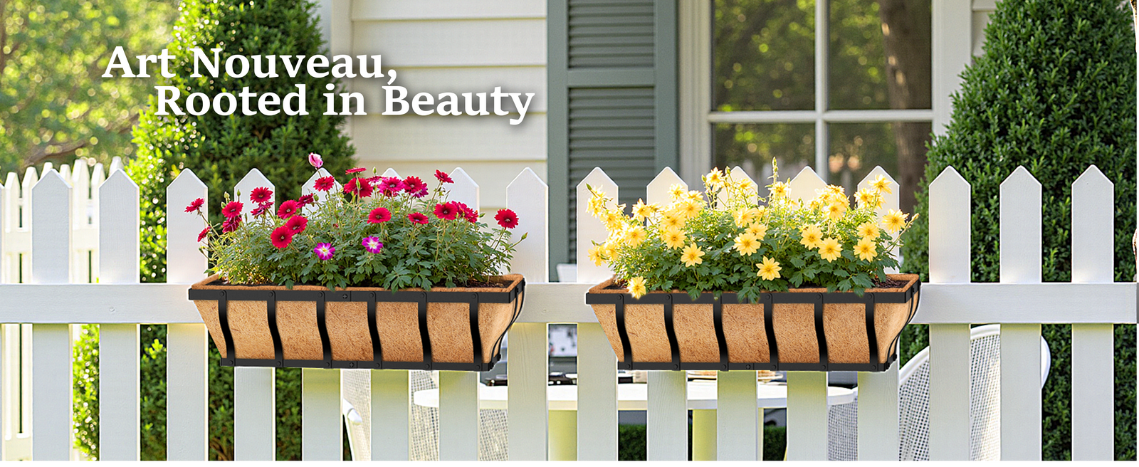 VOXOR Railing Planter Boxes, Heavy Duty Window Box Planters, Adjustable Balcony Planters for Railing Hanging, with Coco Liner & Support Rod for Deck, Porch, and Patio Gardening (2 Pack, 24 Inch)