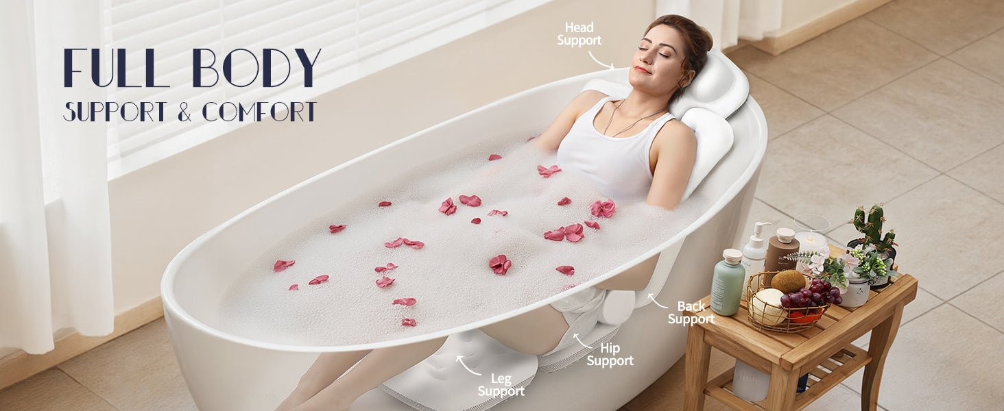 Full Body Bath Pillow for Tub, Thick Bathtub Cushion Mat with Neck, Back & Lumbar Support White