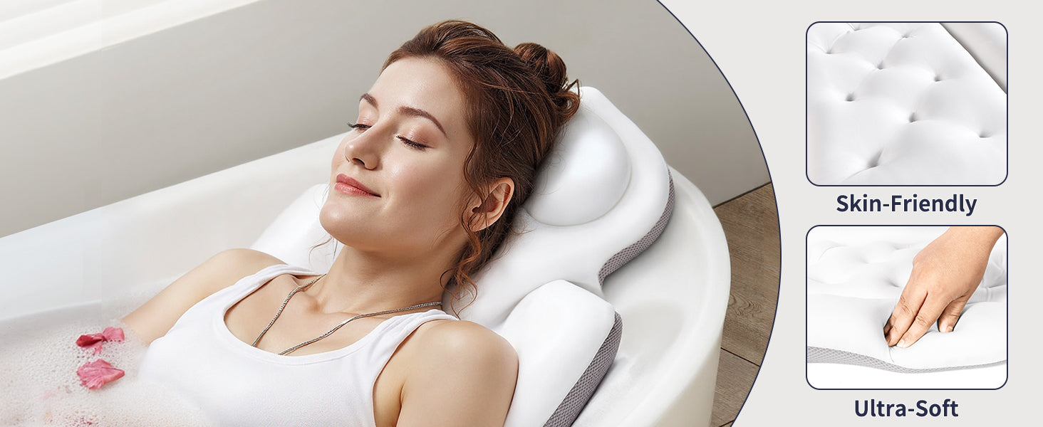 Full Body Bath Pillow for Tub, Thick Bathtub Cushion Mat with Neck, Back & Lumbar Support White