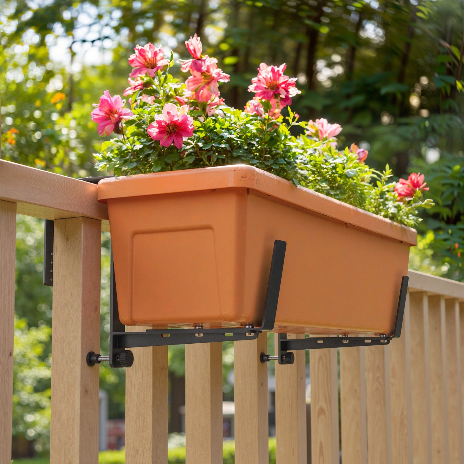 Window Box Brackets, Adjustable Planter Box Brackets, Heavy Duty Iron Flower Box Brackets for Railings, with Enhanced Bottom Support - Perfect for Balconies, Fences, and Gardens (Black, 2 Pack)