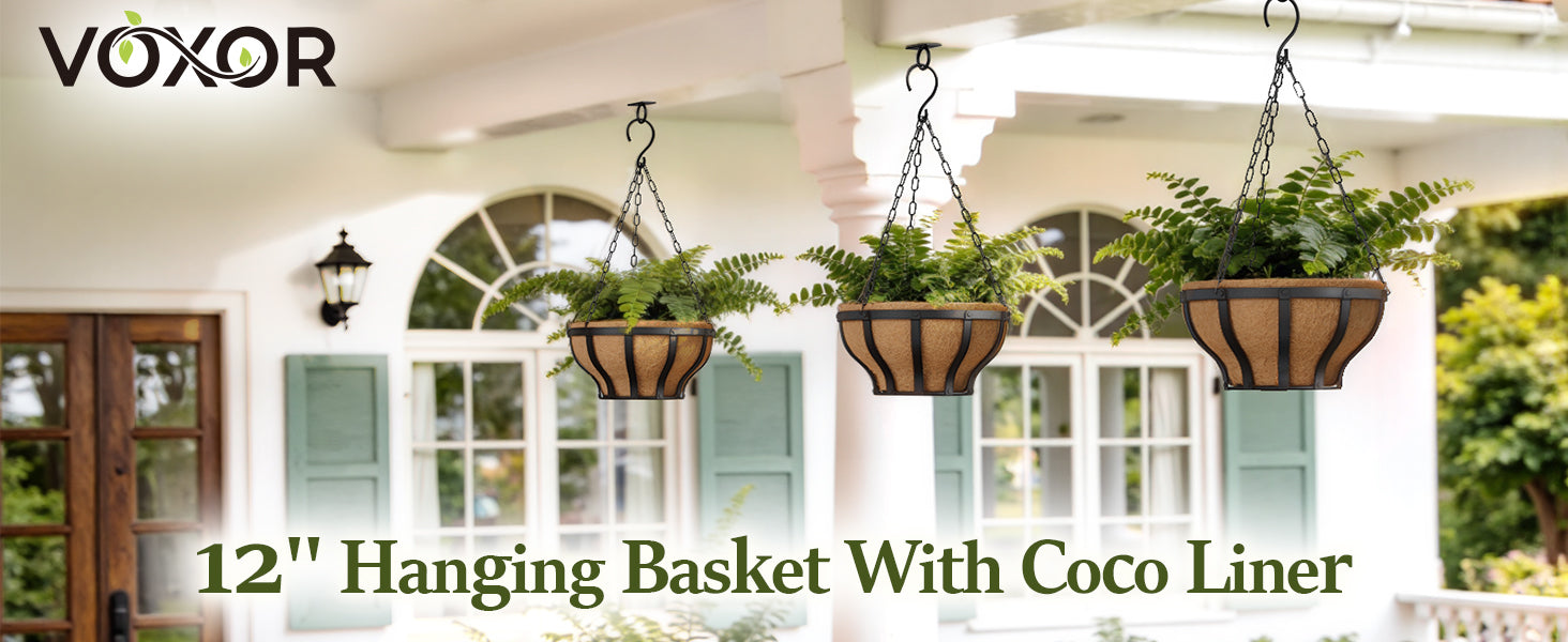 VOXOR Metal Hanging Baskets for Plants, Heavy Duty Wrought Iron Hanging Baskets with Coco Liner & Reinforced Chain, Ideal for Garden, Patio & Porch Decoration (2 Pack, 12 Inch)