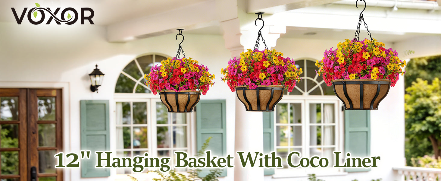 VOXOR Artificial Hanging Flowers with Hanging Baskets for Outdoors