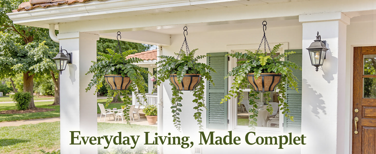 VOXOR Metal Hanging Baskets for Plants, Heavy Duty Wrought Iron Hanging Baskets with Coco Liner & Reinforced Chain, Ideal for Garden, Patio & Porch Decoration (2 Pack, 12 Inch)